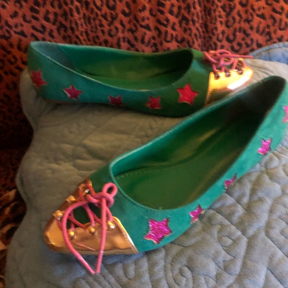 Lilianas Womens Size 8 Flat Stars Pink Gold Teal Pointy Toe
